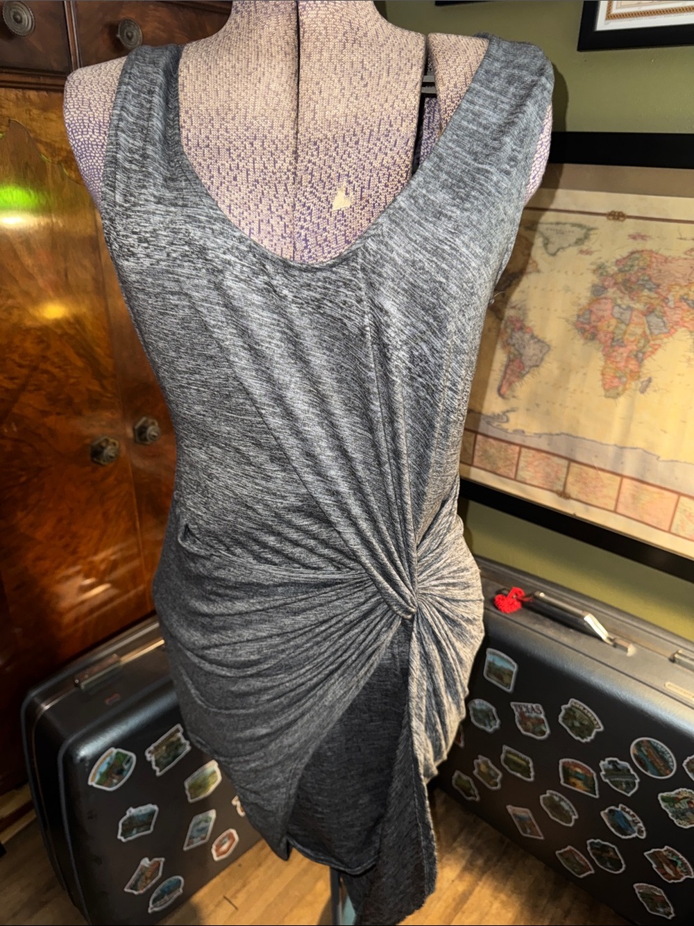 NWT The Vanity Room Gray Space-Dye Sleeveless Knot Front Midi Dress Sz L Chic